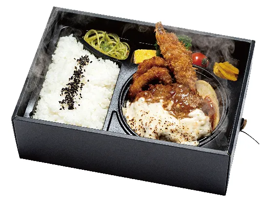 温まる!とろけるチーズハンバーグと有頭エビフライ弁当