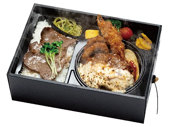 温まる!黒毛和牛焼肉、とろけるチーズハンバーグと有頭エビフライ弁当