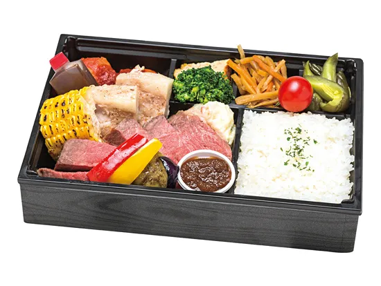 ブラックアンガス牛のアメリカンステーキ(100g)とポークリブBBQ弁当